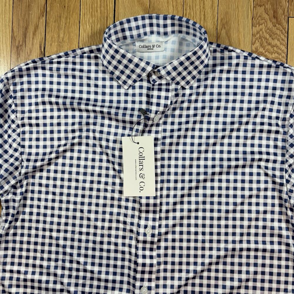 NWT Collars and Co Men’s M Dress Collar Polo Button Up Shirt Navy Blue Gingham